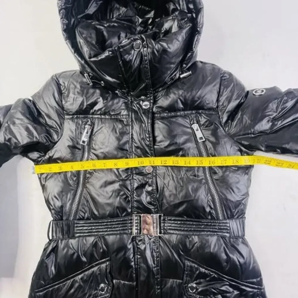 Michael Kors Women's Winter Puffer Hoodie Black And Silver Metal Jacket Size S